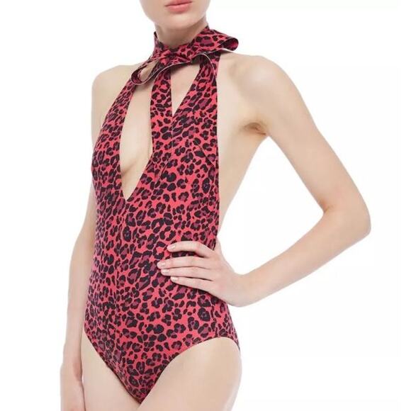 Zimmermann Sculpt Tie Halter Neck One Piece Swimsuit Red Leopard NWT Size 2-4 XS - Picture 1 of 11